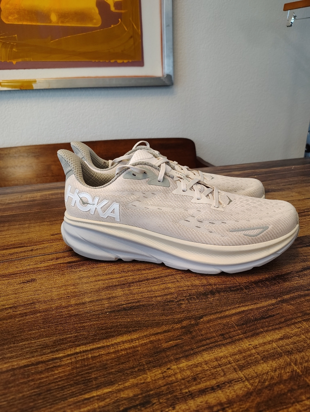 HOKA One One Clifton 9 running shoes in an oat milk/barley color 14 D